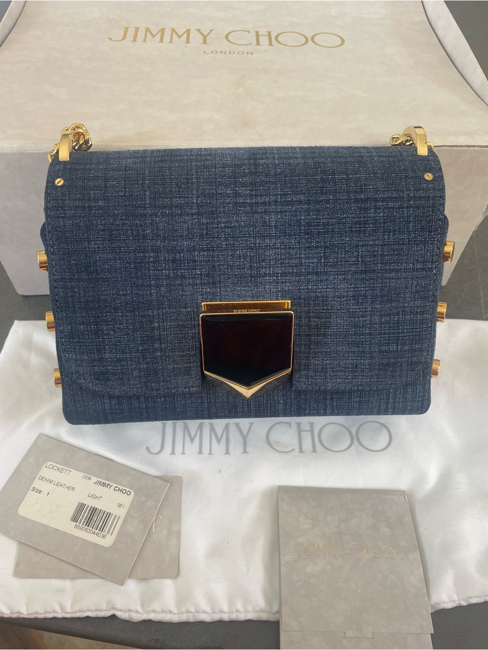 Jimmy Choo Dark Blue Denim Chain-Trim Shoulder Bag